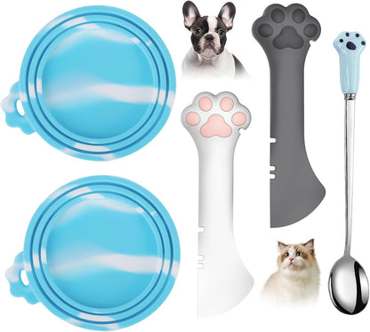 Comtim 5 PCS Pet Food Can Lids & Spoons Set - Silicone Dog Cat Covers With Multi-Function Spatula Opener for Wet Food - Long Handle Easy to Scoop