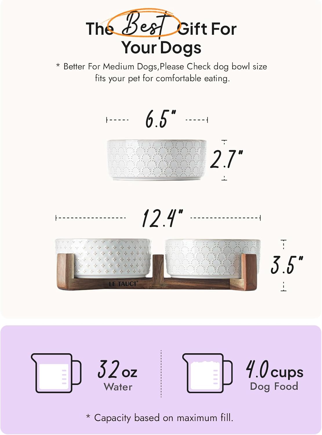 LE TAUCI Dog Bowl Set with Acacia Wood Stand - 1.5-Cup Ceramic Puppy Bowls for Small Dogs, Dual Food and Water Bowls with Weighted Non-Slip Base