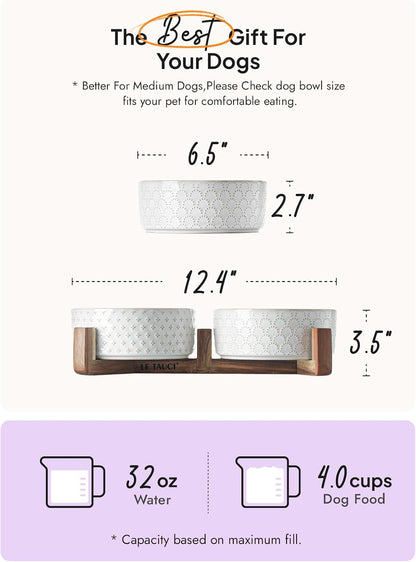 LE TAUCI Dog Bowl Set with Acacia Wood Stand - 1.5-Cup Ceramic Puppy Bowls for Small Dogs, Dual Food and Water Bowls with Weighted Non-Slip Base