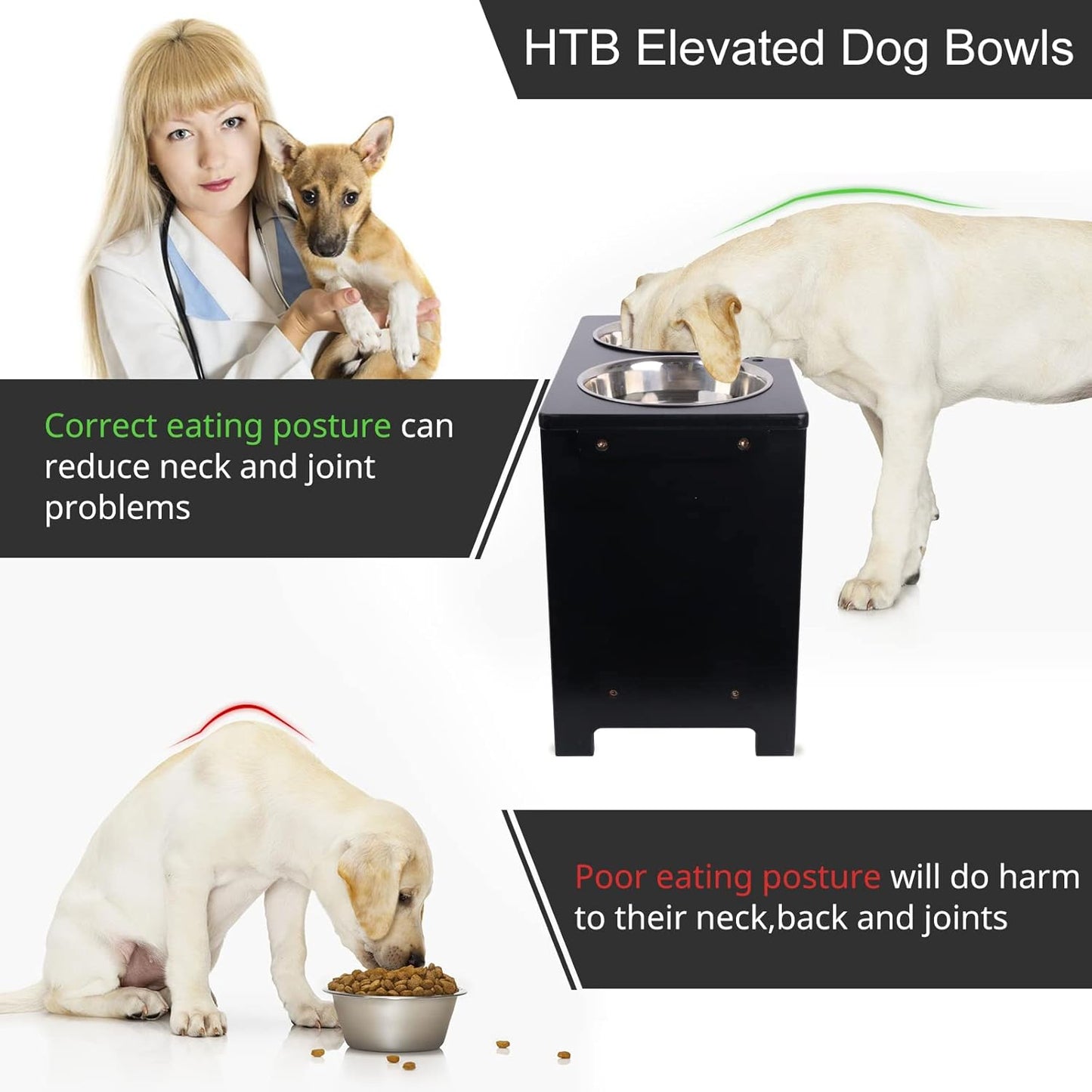 HTB Elevated Dog Bowls,Raised Dog Bowl Stand with 2 Stainless Steel Bowls,Elevated Raised Dog Bowls for Large Medium Small Sized Dogs