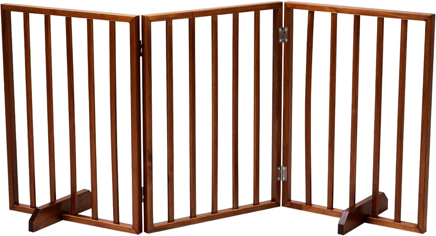 BONNLO Free Standing Dog Gate Indoor, Foldable Pet Gate for Dogs and Puppy, 24" Height Wooden Dog Gates for Doorways Extra Wide/Stairs/Hallways (Walnut, 3 Panel)