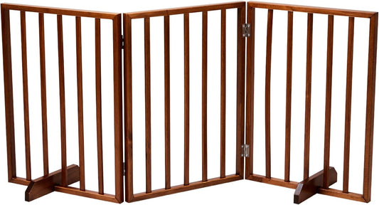 BONNLO Free Standing Dog Gate Indoor, Foldable Pet Gate for Dogs and Puppy, 24" Height Wooden Dog Gates for Doorways Extra Wide/Stairs/Hallways (Walnut, 3 Panel)