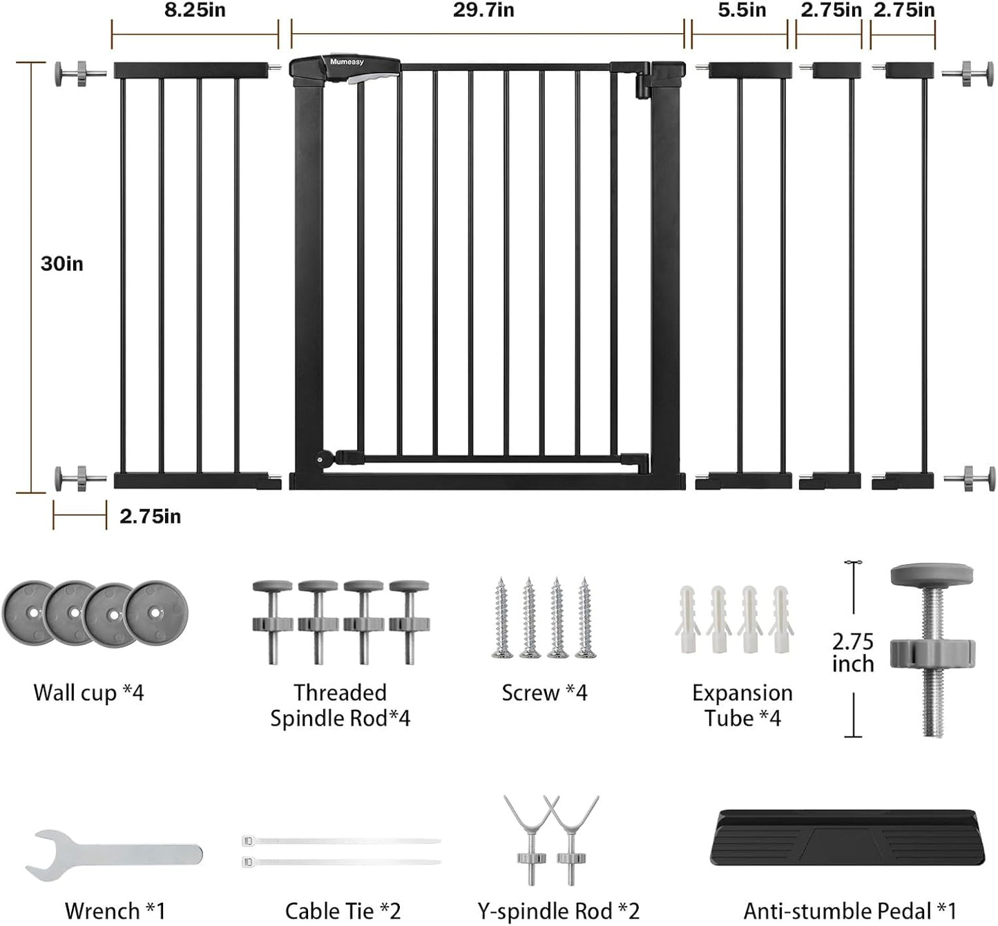 Mumeasy 36" High Extra Tall Dog Gate, 29.6"-40.5" Wide Pressure Mounted Tall Baby Gate for Dog, Auto Close Pet Gate with Door for Stairs,Doorways,House,Black