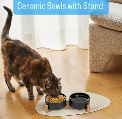 Ceramic Cat and Small Dog Bowl Set – Modern Indoor Small Size Pet Food and Water Bowls with Wood Stand – Non Slip Puppy Sized Feeding Station with Double Dishes (Gray)
