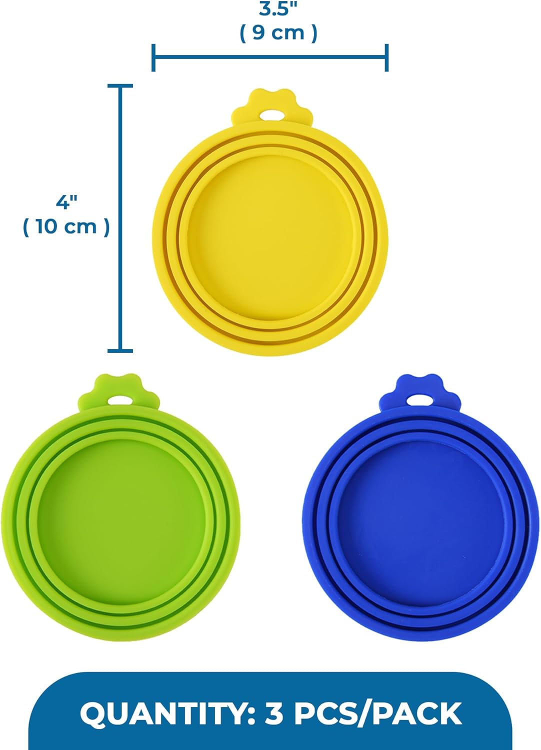 SunGrow Cat Food Can Lids, Durable and Flexible Silicone Wet Pet Food Can Covers, Universal Fit Storage Toppers, Dishwasher-friendly, Yellow, Blue, Green, 4” x 3.5”, 3 Pcs Per Pack