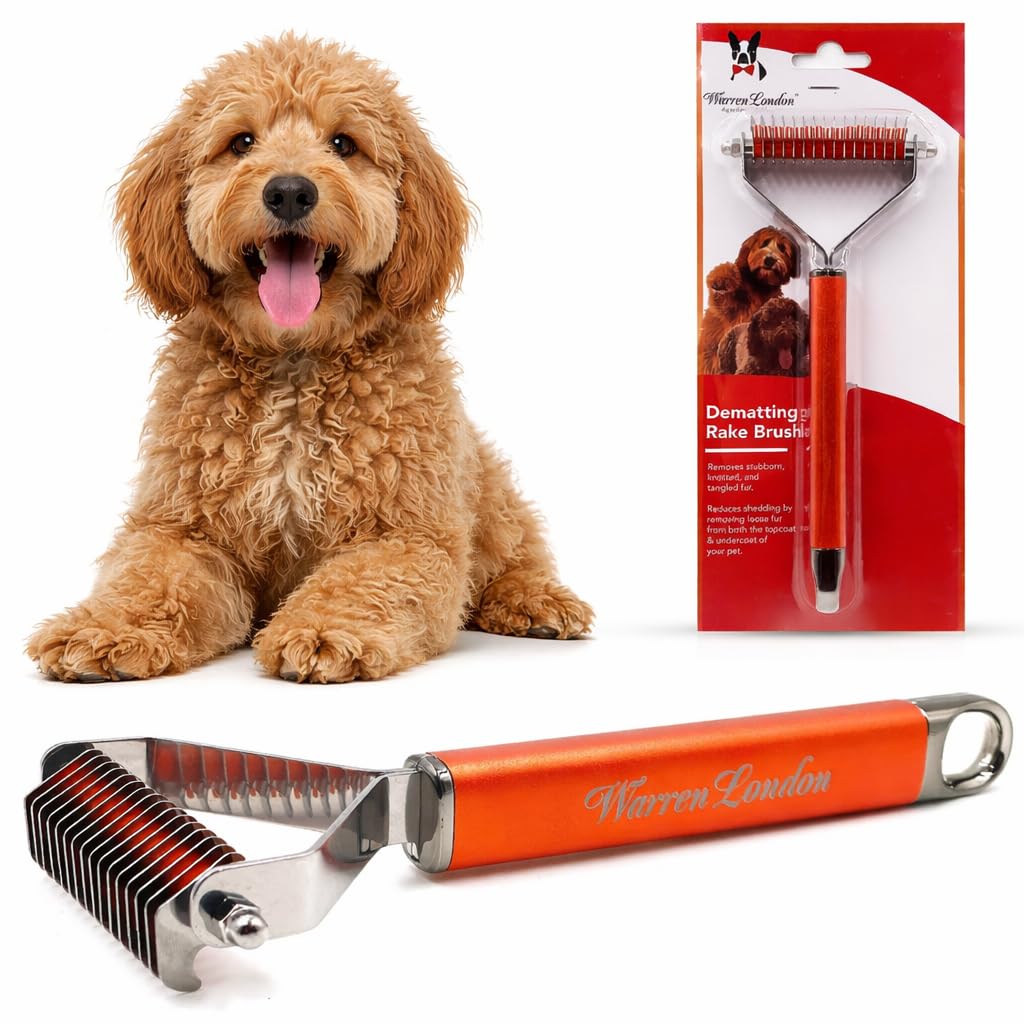 Warren London Undercoat Rake Brush for Dogs and Cats - Premium Deshedding Tool for Long Haired Pets - Skin Friendly Dematting Comb for Professional Grooming Results at Home