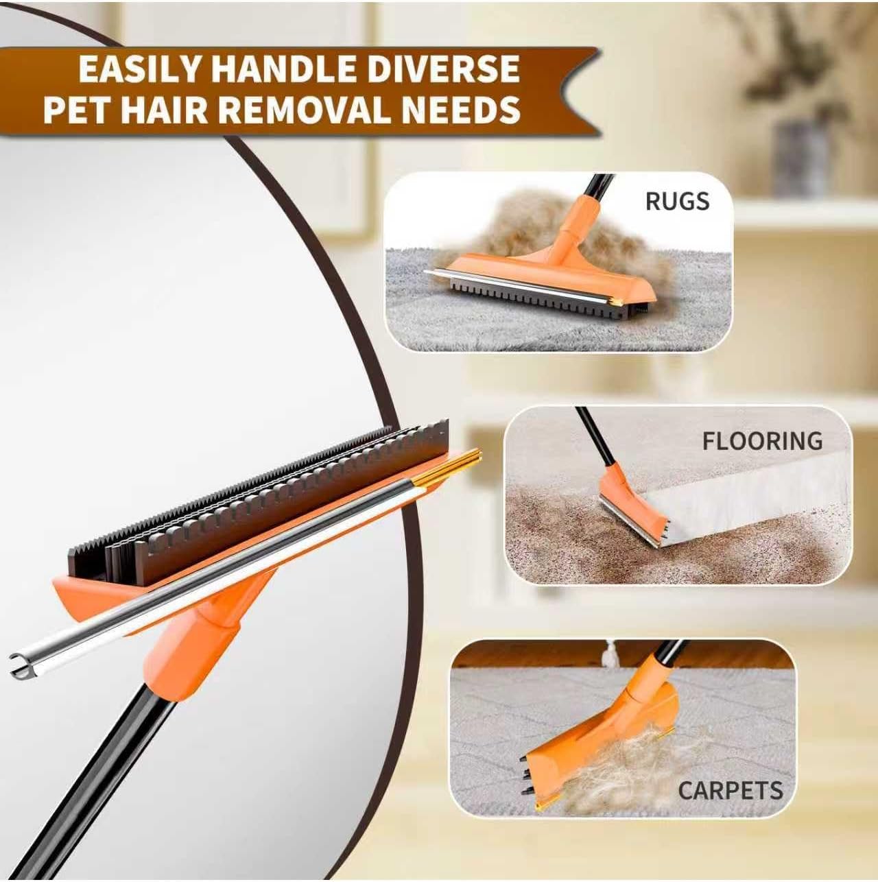 Carpet Rake for Pet Hair Removal - Reusable Dog & Cat Hair Remover with 58" Reinforced Steel Handle, 3-in-1 Professional Modular Rug Rake & Scraper Tool for Shag Rugs, Couch, Stairs (Gray)