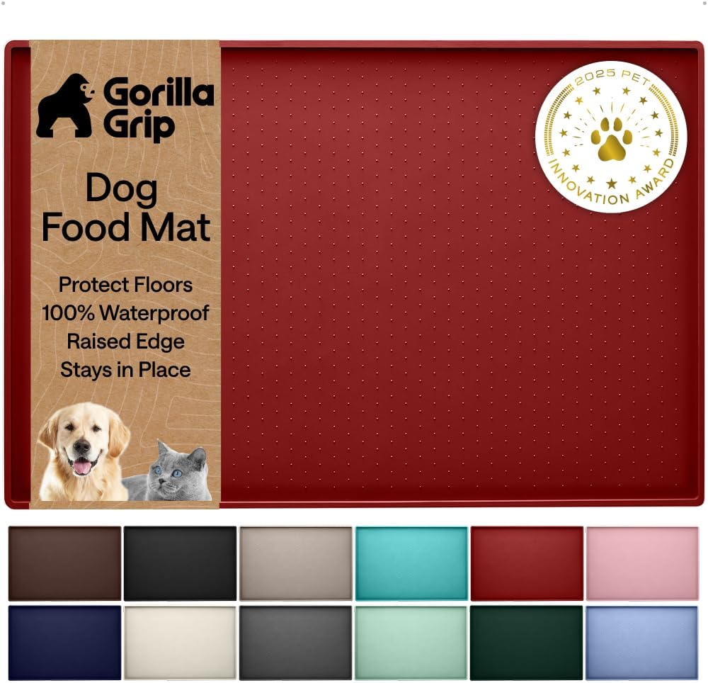 GORILLA GRIP 100% Waterproof Raised Edge BPA Free Silicone Pet Feeding Mat, Dog Cat Food Mats Contain Spills Protects Floors, Placemats for Cats and Dogs Water Bowl, 18.5x11.5, Gray