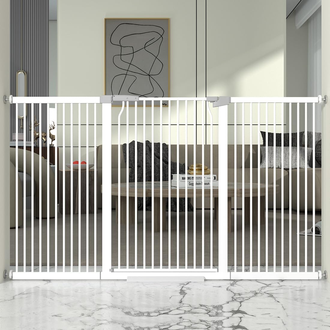 41" Extra Tall Cat Gate for Doorway, 49.2-54.7 Metal Pet Baby Safe Gate, Extra Wide Pressure Mounted Child Door with Expansion Kit, No Drilling No Climb Cat Fence Indoor, Tall Dog Gate, White