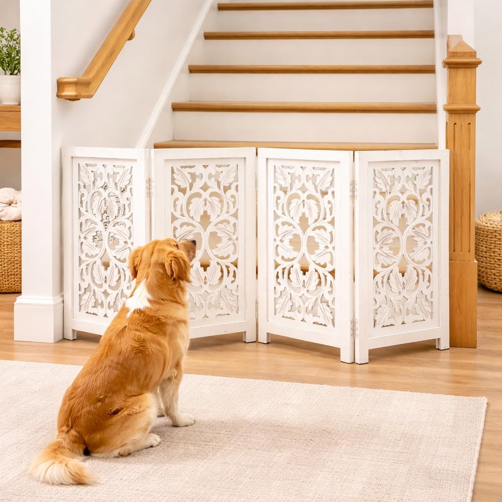 Freestanding Pet Gate for Dogs, Foldable Wooden Dog Gate for House, Indoor Dog Gate for Stair, Doorway, House Design Gates for Dogs Indoor, 72 Inch Wide, (18" x4 Panels 72 inch), Burnt Finish