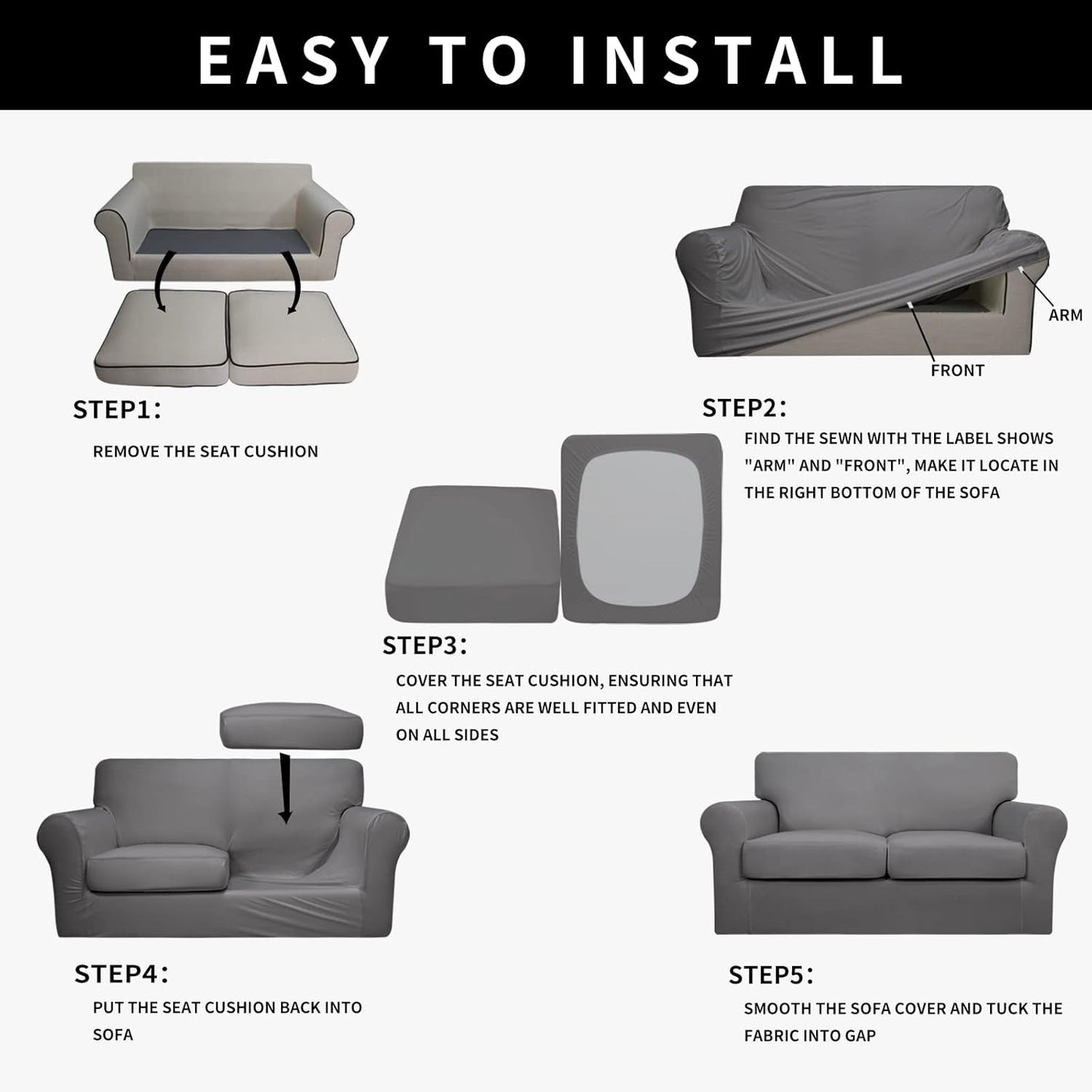 Easy-Going 100% Dual Waterproof 4 Pieces Stretch Soft Couch Cover for Dogs, Sofa Slipcover for 3 Separate Cushion Couch Leakproof Furniture Protector for Kids, Pets Dark Gray