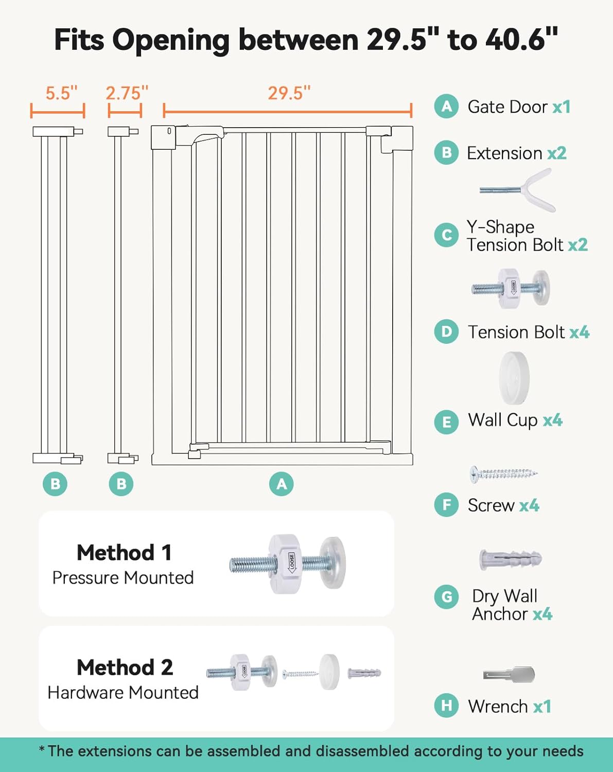 COMOMY 36" Extra Tall Baby Gate for Stairs and Doorways - Fits 29.5" to 48.8" Wide Openings, Auto Close Extra Wide Dog Gate for House, Pressure Mounted Easy Walk Through Pet With Door, Black