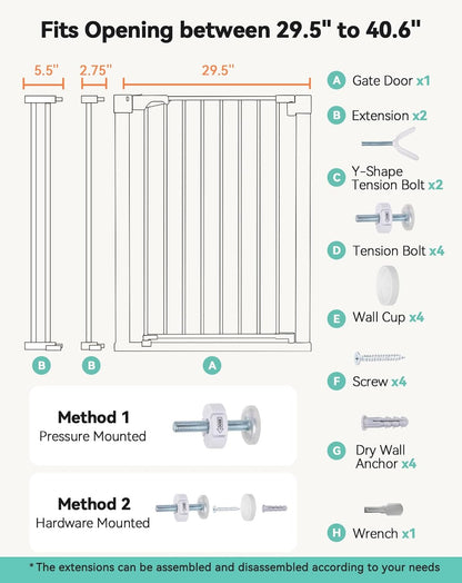 COMOMY 36" Extra Tall Baby Gate for Stairs and Doorways - Fits 29.5" to 48.8" Wide Openings, Auto Close Extra Wide Dog Gate for House, Pressure Mounted Easy Walk Through Pet With Door, Black