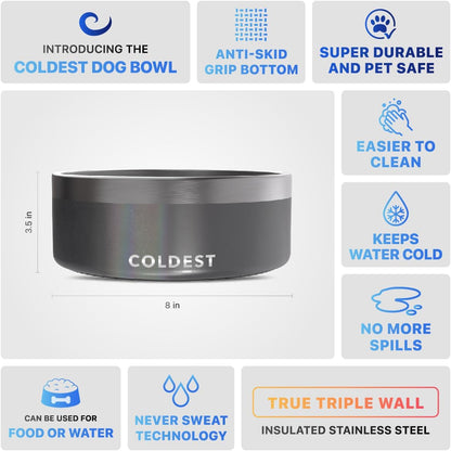 Coldest Dog Bowl - Anti Rust Metal, Non Slip, 3 Layers Insulated Stainless Steel Dog Bowls - Spill Proof & Heavy Duty - Water Bowl for Dogs, Cats & Pets, Dish Washer Safe (21 oz, Stealth Black)