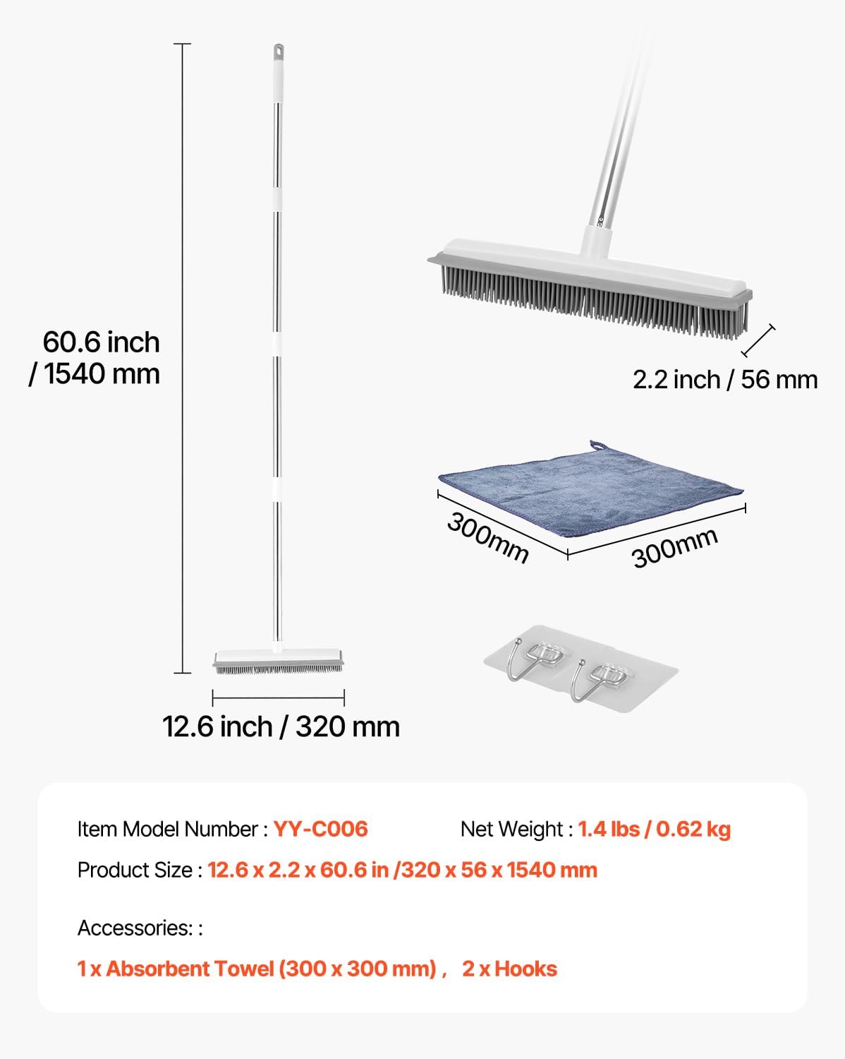 Happybuy Pet Hair Removal Broom, 58.46 in Adjustable Long Handle, Reusable Carpet Rake with Built-in Squeegee for Dog & Cat Hair