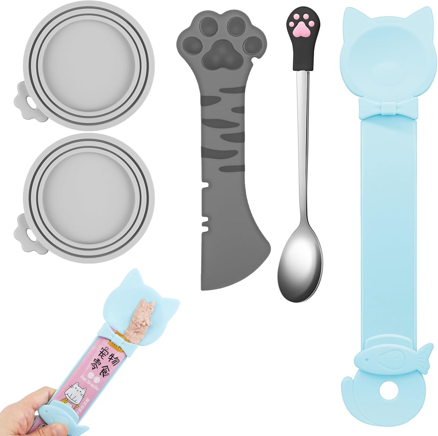 5 PCS Cat Food Can Covers Lids Set, Silicone Pet Food Can Lids with Multi-Function Cat Food Spoon and Opener, Cat Bar Squeezer, Stainless Steel Wet Food Spoon for Cats and Dogs (Pink) (Pink)