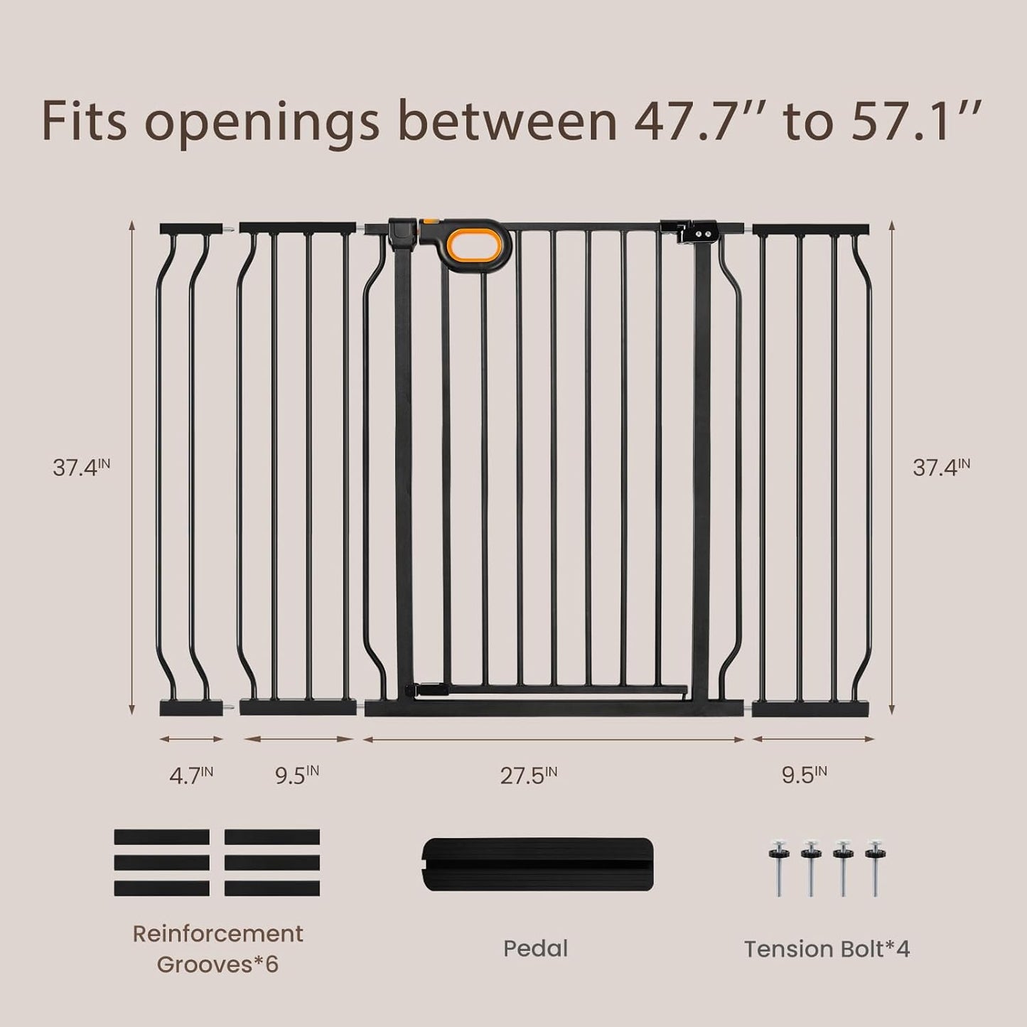owlie 37.4" Extra Tall Wide Baby Gate for Stairs Doorways,47-57 Inch Extra Large Long Baby Gate with Door Indoor Safety Metal Pressure Mounted Pet Gate with Walk-Thru Auto Close, Black