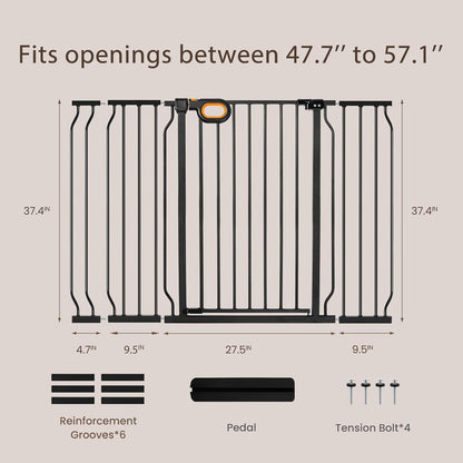 owlie 37.4" Extra Tall Wide Baby Gate for Stairs Doorways,47-57 Inch Extra Large Long Baby Gate with Door Indoor Safety Metal Pressure Mounted Pet Gate with Walk-Thru Auto Close, Black