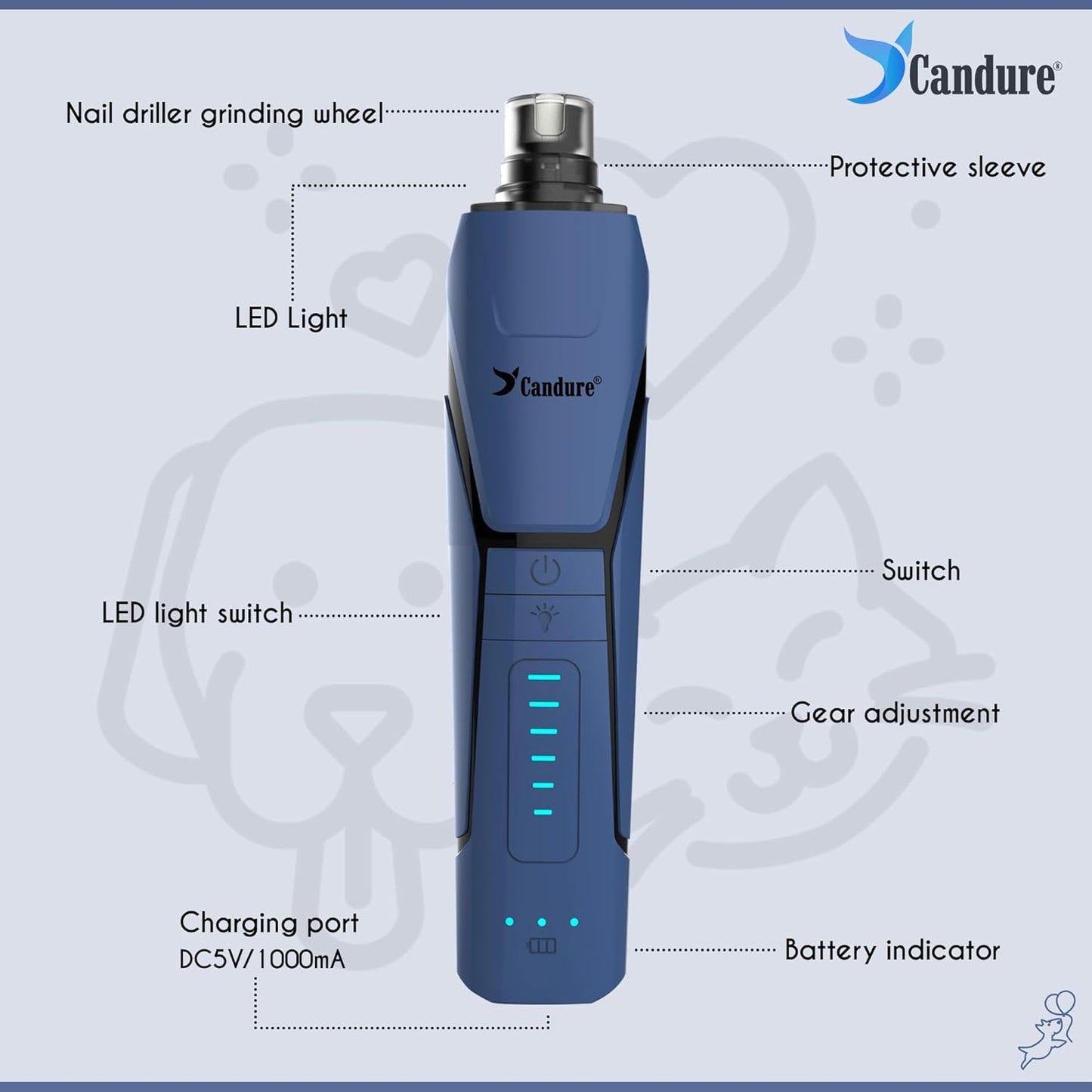 Candure Dog Nail Grinder Upto 6-Speed Dog Nail Trimmer for Large, Medium, Small Dogs, Cats & Pets Low Noise Rechargeable Dog Claw Grinder with 360° LED Lights & Includes Extra Grinder Head (Dark Blue)