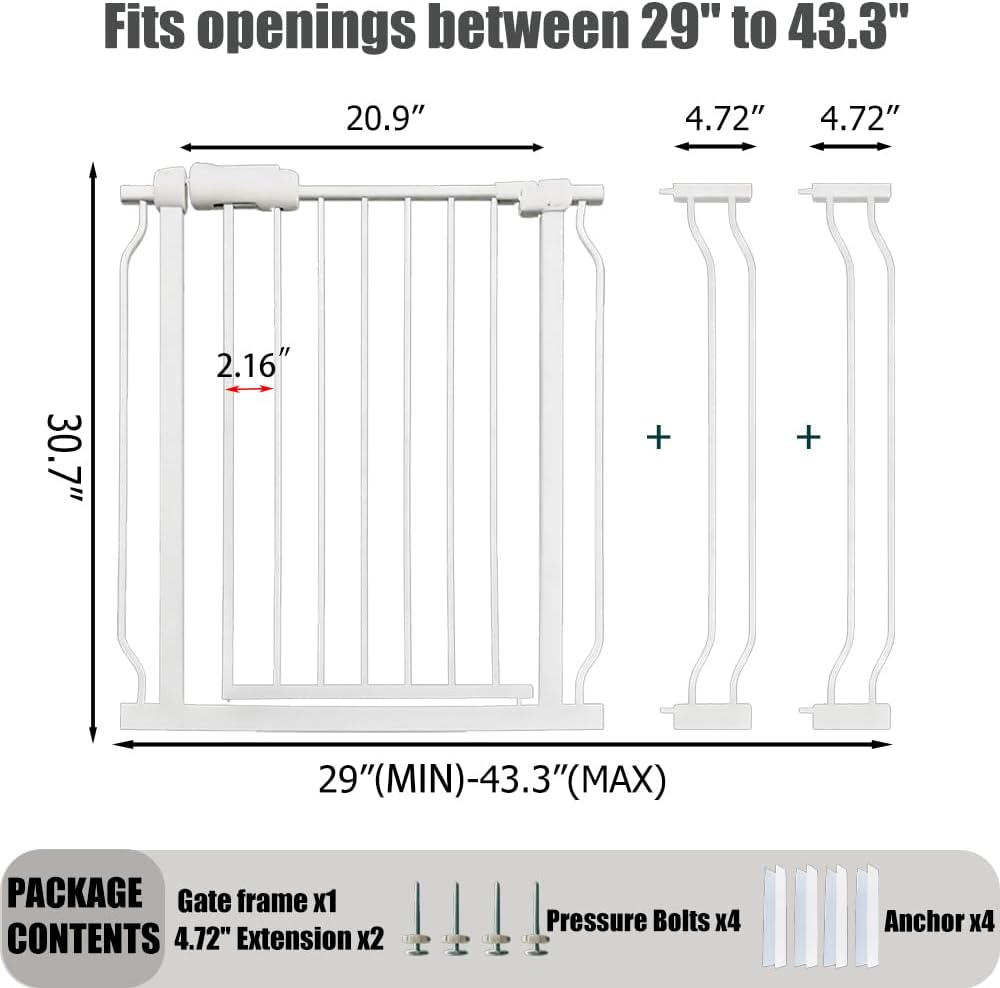 24-29 Inch Narrow Baby Gate, Pressure Mounted No Drilling Dog Gate for Stairs & Doorways, White Metal Safety Gate Indoor for Kids and Pets