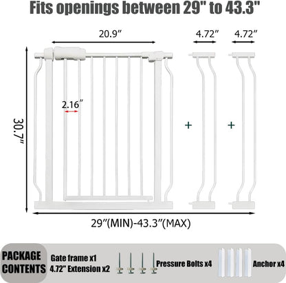 24-29 Inch Narrow Baby Gate, Pressure Mounted No Drilling Dog Gate for Stairs & Doorways, White Metal Safety Gate Indoor for Kids and Pets