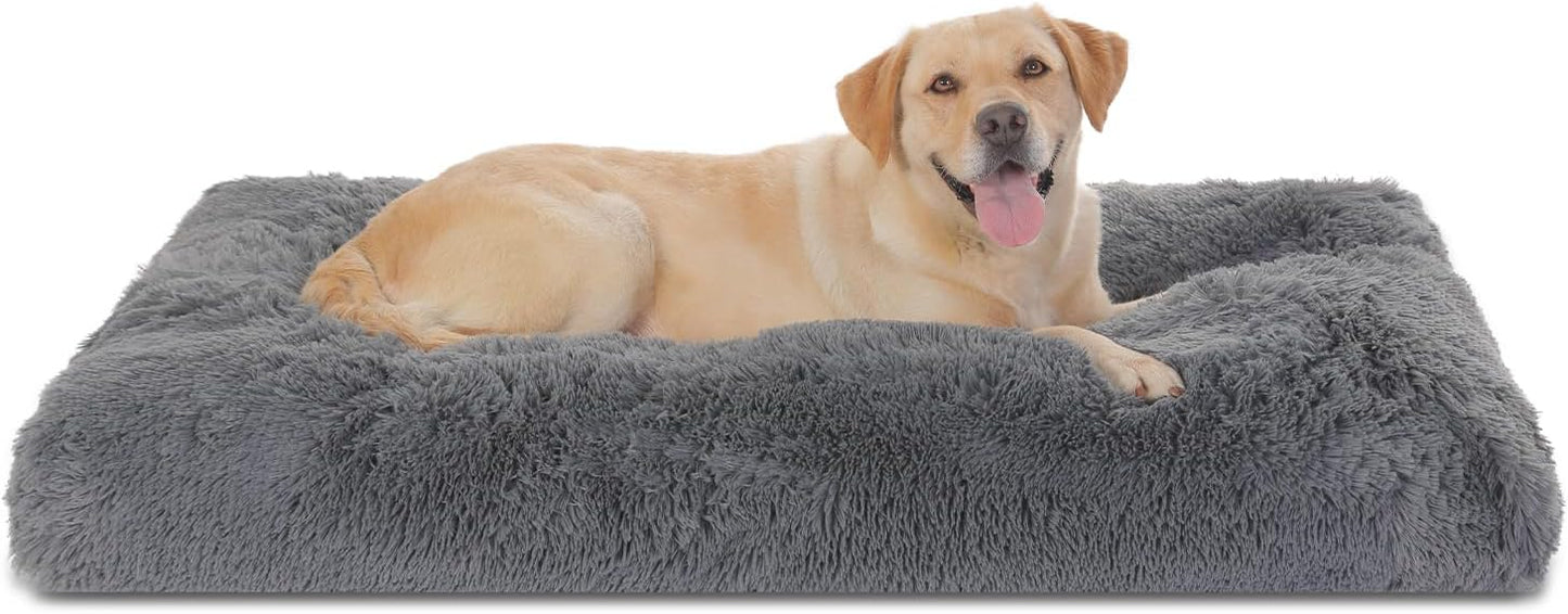 Bedfolks Waterproof Dog Crate Bed, Plush With Removable Washable Cover, Faux Fur Crate Pad for Medium Dogs, Fluffy Kennel 29"x21", Dark Grey