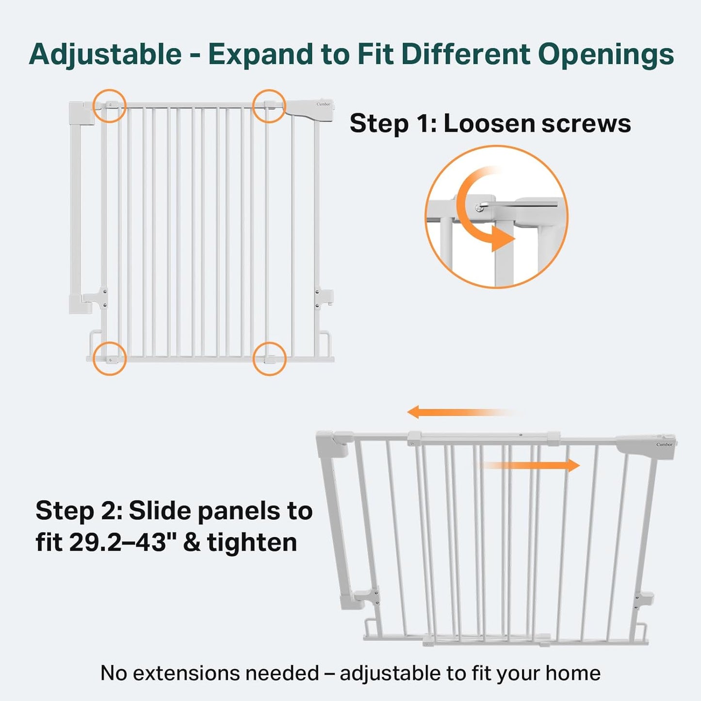 Cumbor 29.2–43" Baby Gate for Stairs, Hardware Mounted (Drill Required), Expandable No Bottom Bar Dog Gate, Auto Close Extra Wide Walk Thru, Pet & Toddler Proof Gate, Top & Bottom of Stairways(Black)