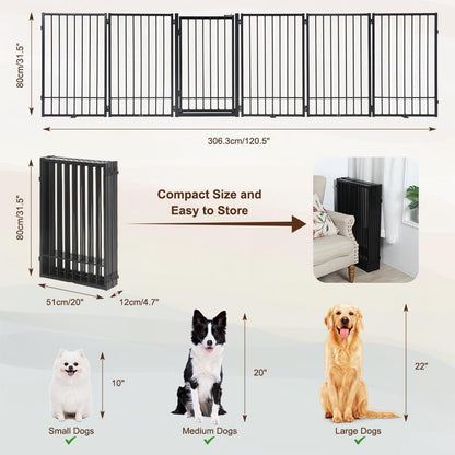 Metal Freestanding Dog Gate with Door, Extra Wide 81", 31" Height Foldable Dog Gates for Doorways, Tall Pet Fence Indoor Pet Gates, 4 Panels Pet Barrier for Stairs Hallways, Black