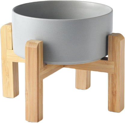 6'' Ceramic Raised Dog Bowl - 30Oz Dog Food & Water Bowl with Elevated Non-Slip Bamboo Stand, Dishwasher & Microwave Safe, Anti Vomiting Heavy Duty Pet Bowl for Small and Medium Dogs, White