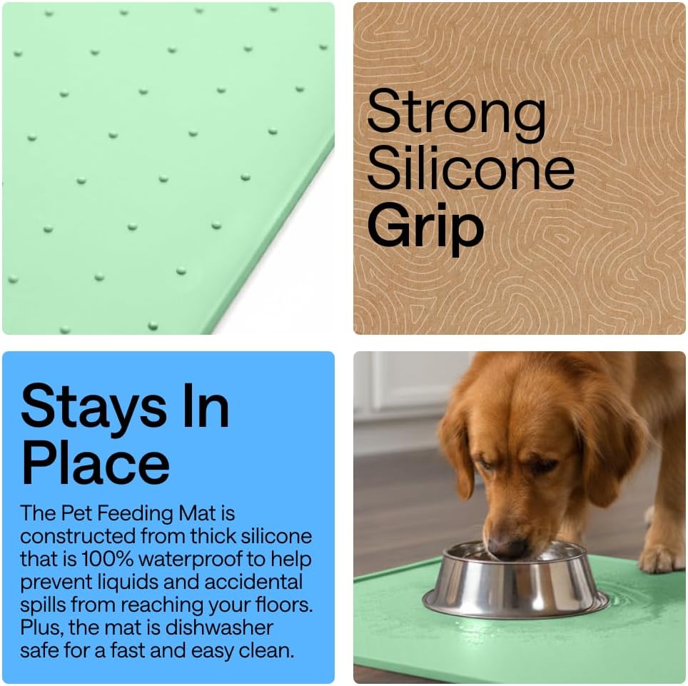 GORILLA GRIP 100% Waterproof Raised Edge BPA Free Silicone Pet Feeding Mat, Dog Cat Food Mats Contain Spills Protects Floors, Placemats for Cats and Dogs Water Bowl, 18.5x11.5, Gray