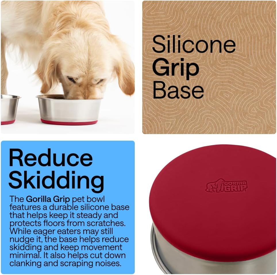 GORILLA GRIP Dog Bowls, Food Grade 304 Stainless Steel, Holds 2 Cups Each (16 fl oz) Food and Water Bowl for Feeding Dogs and Cats, Dishwasher Safe, Rust Resistant, BPA Free Rubber Base Set of 2 Black