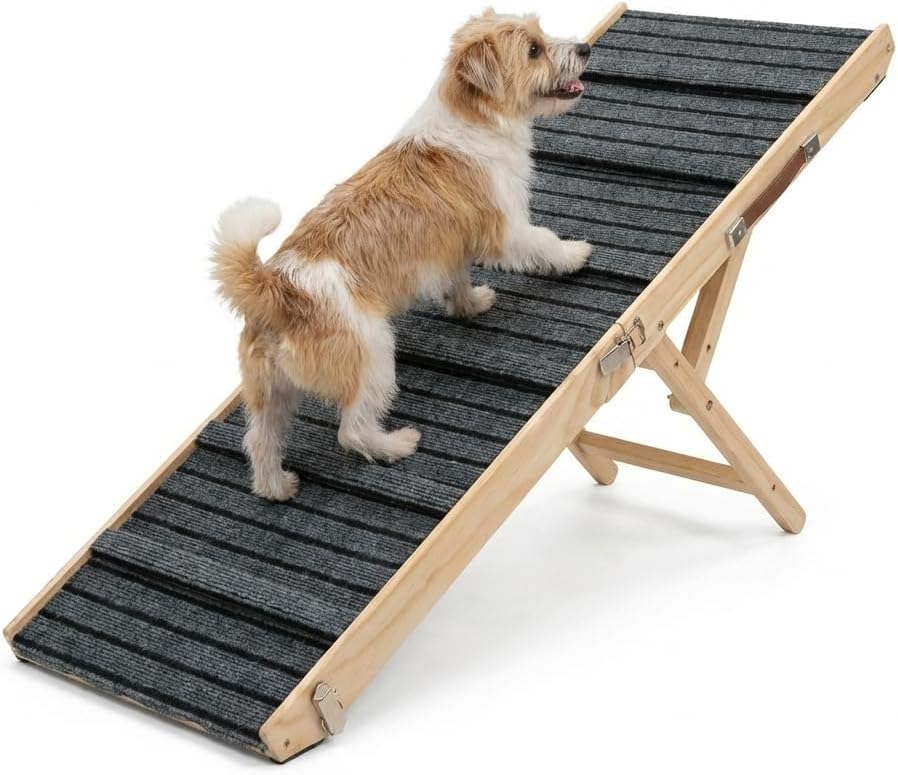 Dog Ramp for Sofa, Couch – Foldable Wooden Pet Ramp with 4 Adjustable Heights, Anti-Slip Surface & Safety Support for Small Dogs, Senior Pets with Joint Pain – Portable Pet Steps Stairs (S)