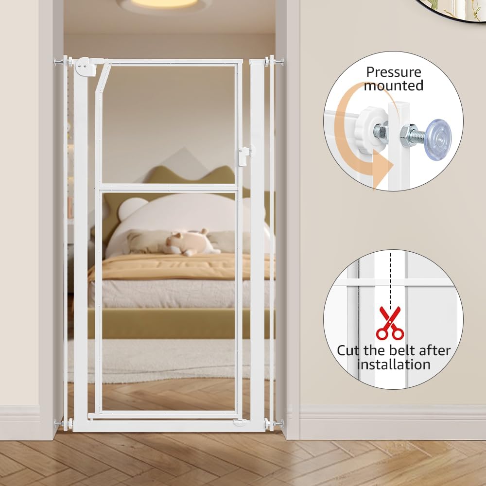 unipaws 56" Extra Tall Pet Gate, Clear Transparent Tall Cat Gate, 29.5-33.5" Wide No Drilling Pressure Mounted Dog Gate for Doorway, Hallway, Stairs, White