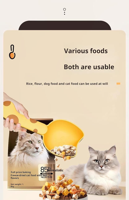 Pet Food Scoop with Measuring Scale, Long Handle Rice Scoop with Bag Clip, Multi-Purpose Measuring Cup for Dog Food, Cat Food, Rice, Grain, Kitchen Storage Scoop (Yellow)