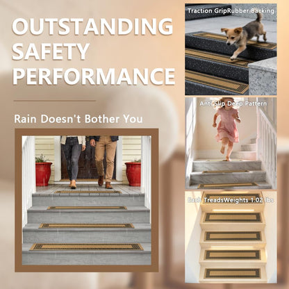 Outdoor Stair Treads for Wooden Steps, Non-Slip Rubber Brown Stair Runner Rugs, 6 Pcs 8.5" x 30" Heavy Duty Stair Mats for Outside Steps, Weatherproof Grip for Elders, Dogs & Kids, Black Border.