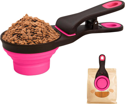 Collapsible Silicone Dog Food Scoop Foldable Pet Food Measuring Cup with Bag Clip 3 in 1 Multi-Function Silicone Dog Food Scooper (Rose Red, Medium)