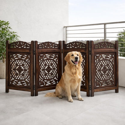 Freestanding Pet Gate for Dogs, Foldable Wooden Dog Gate for House, Indoor Dog Gate for Stair, Doorway, House Design Gates for Dogs Indoor, 72 Inch Wide, (18" x4 Panels 72 inch), Burnt Finish