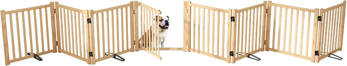 Wooden Dog Gate Indoor, 23" H Freestanding Dog Gates with Door, No-Painted Foldable Puppy Fence, Doggy Barrier for Doorway, Stairs- 4 Panels