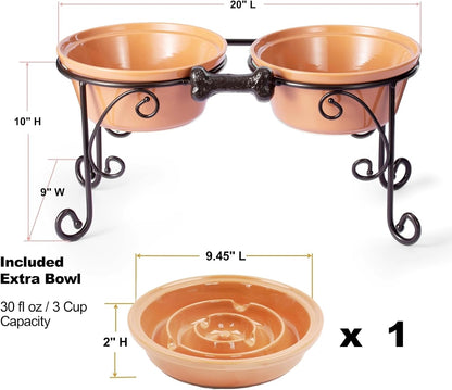 Elevated Dog Bowl Stand with 3 Large Ceramic Bowls – Raised Feeding Station for Medium & Large Dogs, Includes 2 Standard Bowls + 1 Slow Feeder, Durable Iron Frame, Non-Slip (White)