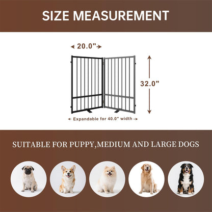 4 Panels Full Metal Freestanding Dog Gates with Door, 80” W x 32” H Folding Pet Gate Fence with Support Feet for Indoor,Stairs, Hallways and Doorways(Black)