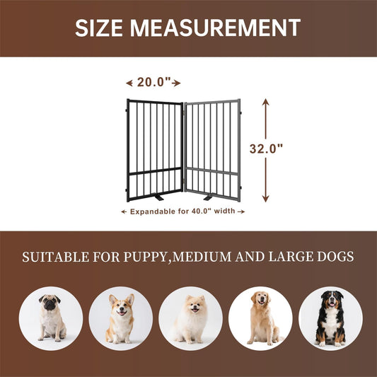 4 Panels Full Metal Freestanding Dog Gates with Door, 80” W x 32” H Folding Pet Gate Fence with Support Feet for Indoor,Stairs, Hallways and Doorways(Black)