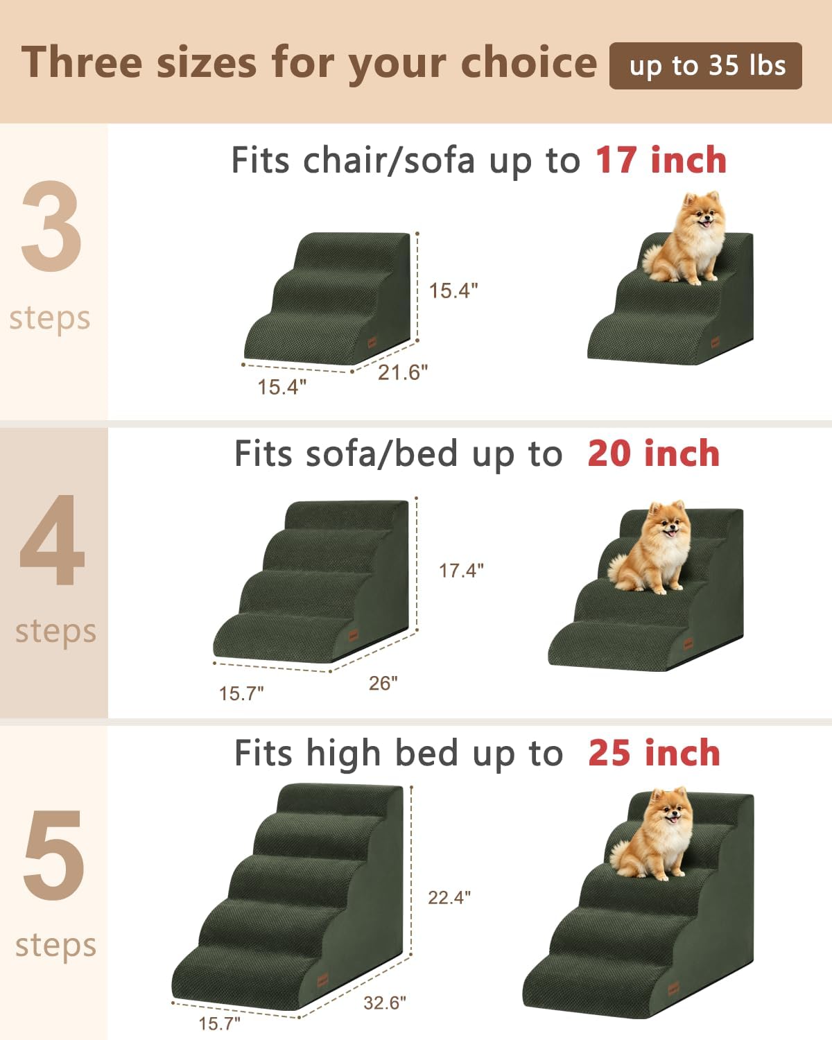 Aodisman Dog Stairs for Small Dogs,3 Step Dog Ramp for Couch and Bed,Pet Stairs with Non-Slip Bottom for Old Cats,Indoor Pet Steps,Comfort,Durable,15.4" H
