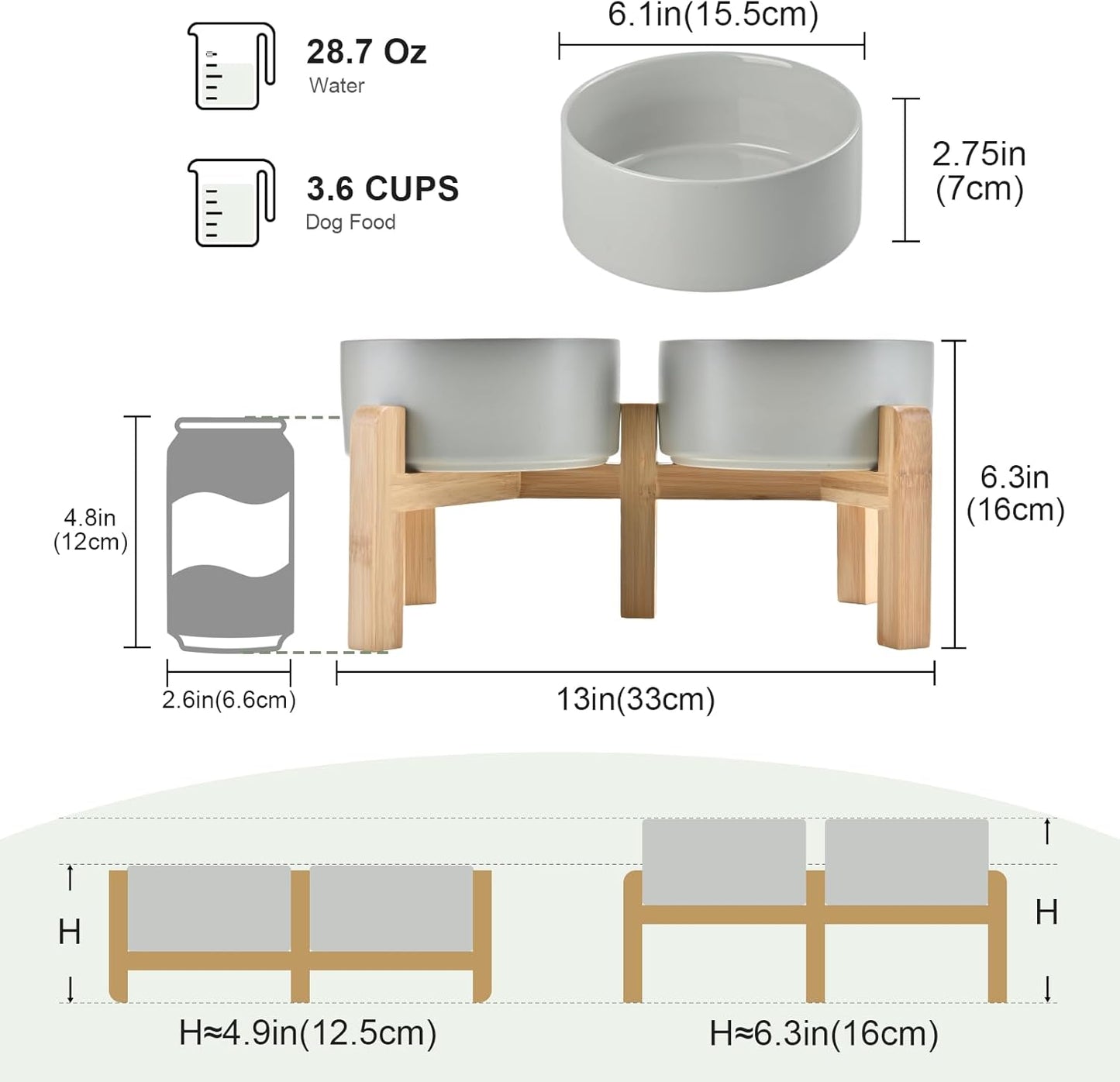 SPUNKYJUNKY Elevated Dog Bowls Ceramic, 6.1'' Dogs and Cat Food Water Bowls Raised with Non-Slip Bamboo Stand for Medium Sized Breed Microwave Dishwasher Safe - 28.7 OZ,Beige