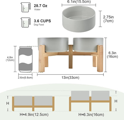 SPUNKYJUNKY Elevated Dog Bowls Ceramic, 6.1'' Dogs and Cat Food Water Bowls Raised with Non-Slip Bamboo Stand for Medium Sized Breed Microwave Dishwasher Safe - 28.7 OZ,Beige