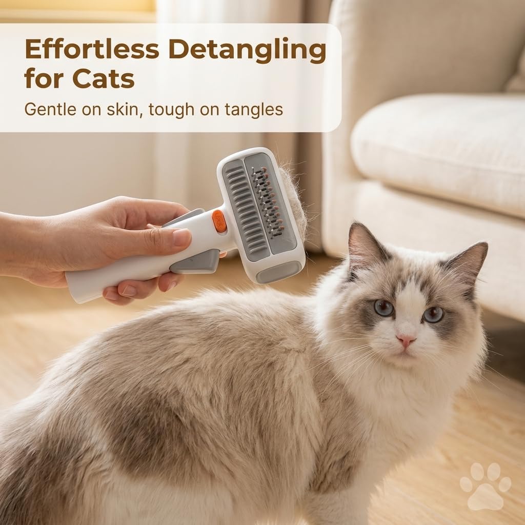 2-in-1 Pet Self Detangling Grooming Comb, Professional Dematting Tool & Undercoat Rake for Long Haired Dogs and Cats, Gentle Deshedding Brush to Remove Mats Tangles and Loose Fur.