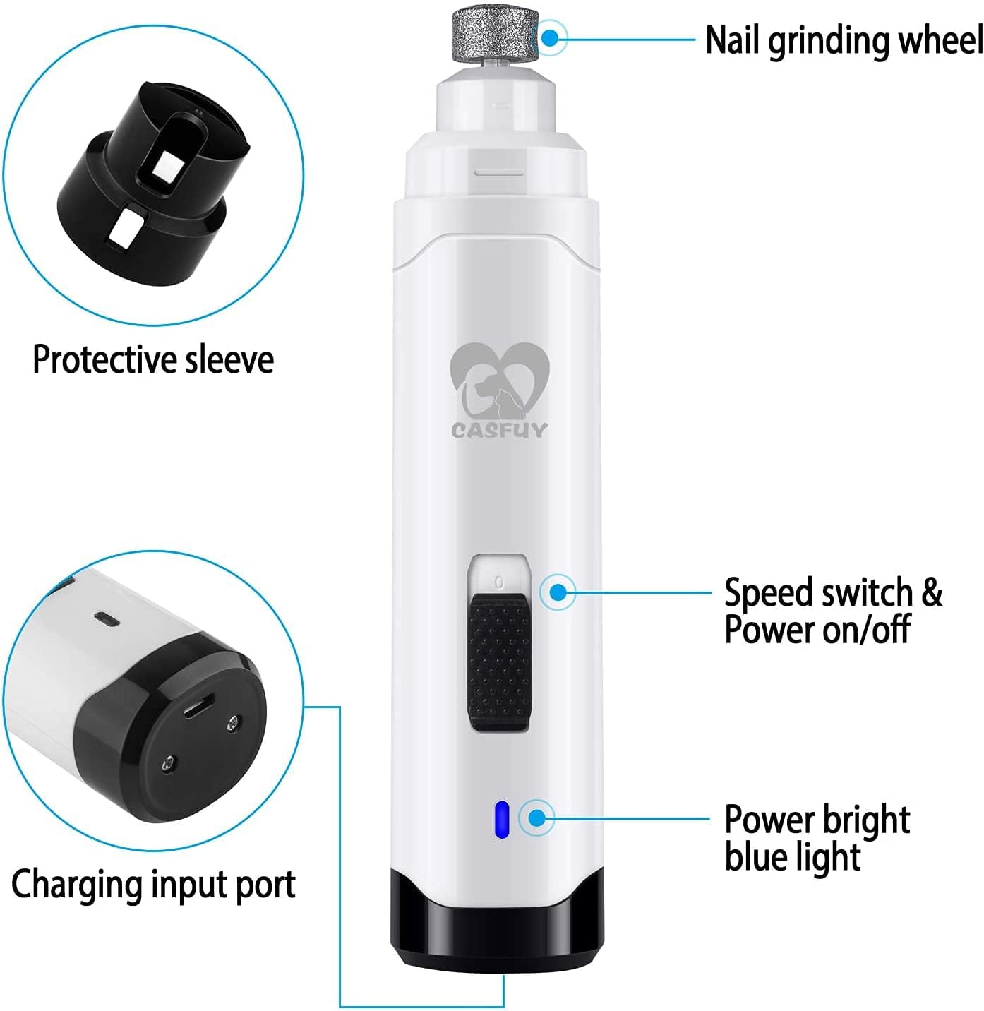 Casfuy Dog Nail Grinder Upgraded - Professional 2-Speed Whisper-Quiet Electric Pet Nail Trimmer Painless Paws Grooming & Smoothing for Small Medium Large Dogs & Cats (Dark Blue)