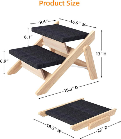 Dog Stairs/Ramp for Bed, Wooden 2-in-1 Foldable Pet Stairs & Ramp, Portable Dog Ladder Up to 180 Pound for Elderly/Short-Legged Dogs, 4 Steps for Beds, Couch, Cars