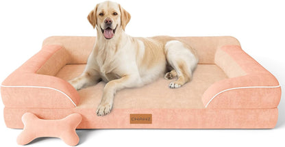 CWAWZ Extra Large Dog Bed, Orthopedic Dog Bed with Cooling Gel Memory Foam, Waterproof XL Pet Bed with Removable Washable Cover, 42" Pet Sofa Couch Dutch Velvet with Bone Toy, Light Gray