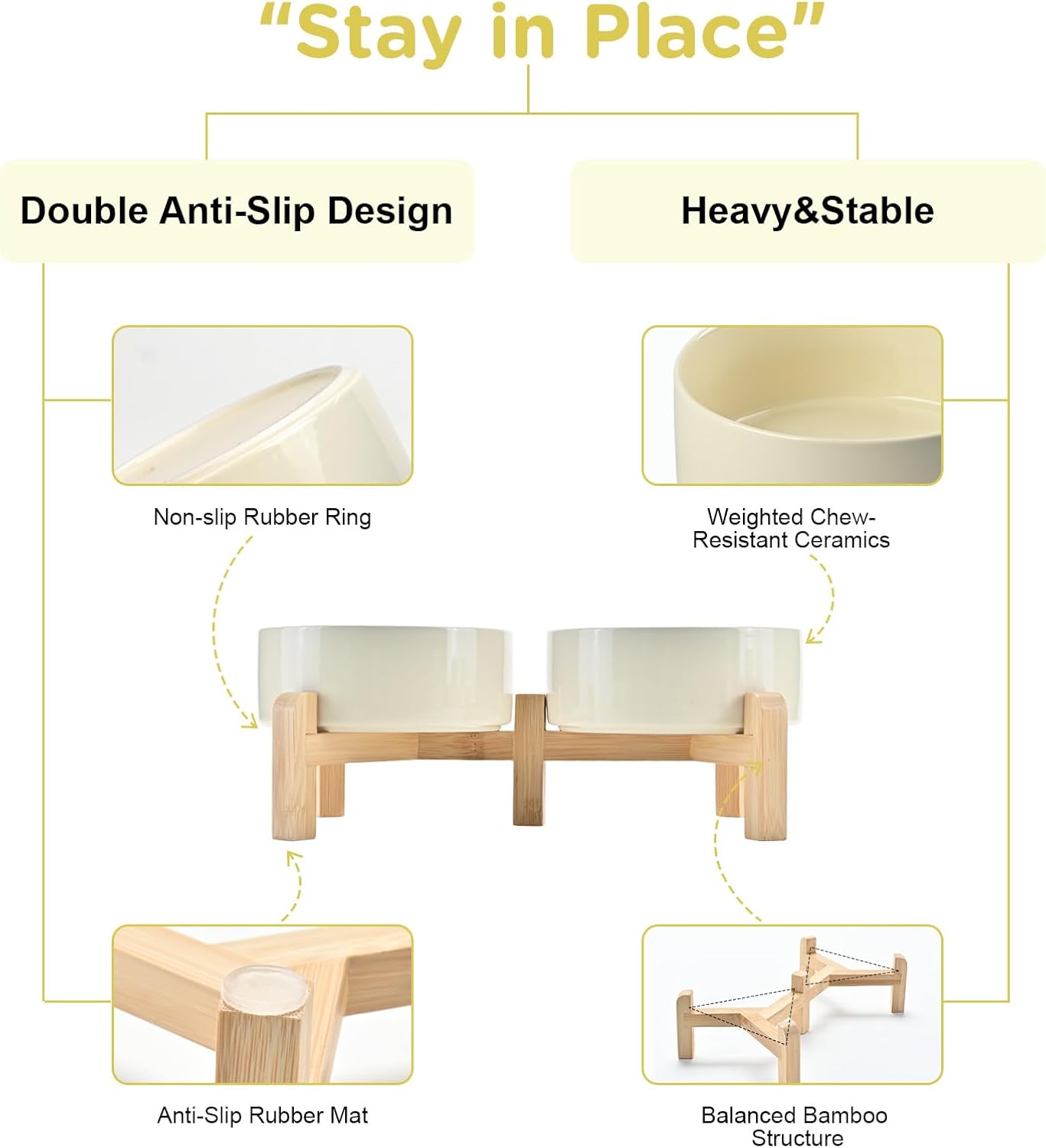 SPUNKYJUNKY Elevated Dog Bowls Ceramic, 6.1'' Dogs and Cat Food Water Bowls Raised with Non-Slip Bamboo Stand for Medium Sized Breed Microwave Dishwasher Safe - 28.7 OZ,Beige