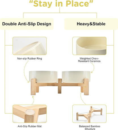 SPUNKYJUNKY Elevated Dog Bowls Ceramic, 6.1'' Dogs and Cat Food Water Bowls Raised with Non-Slip Bamboo Stand for Medium Sized Breed Microwave Dishwasher Safe - 28.7 OZ,Beige